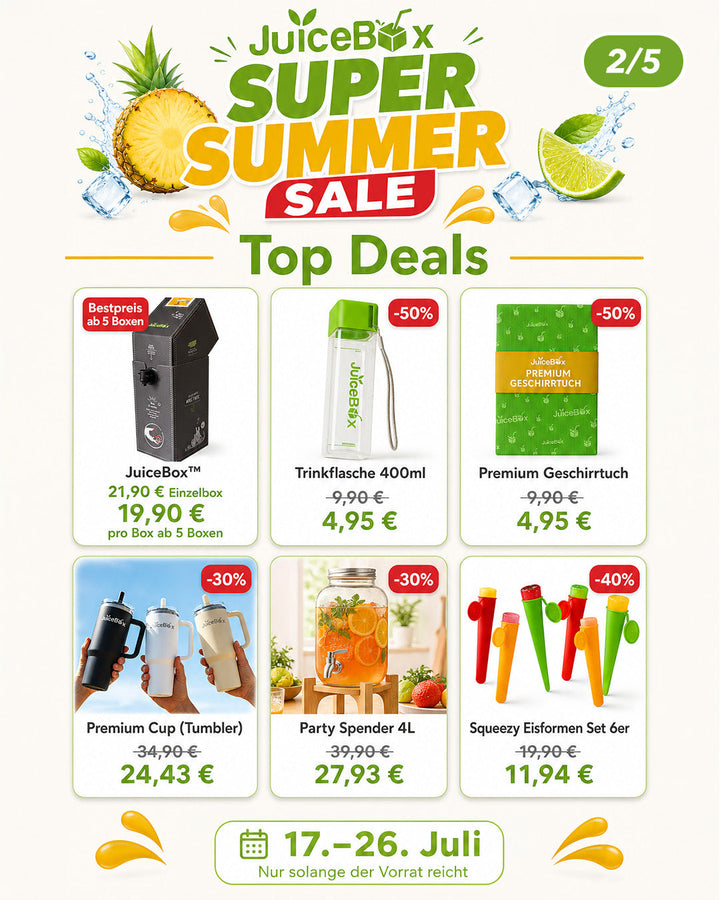 Top deals: JuiceBox™ stafelprijs, drinkfles, Premium theedoek, Premium Cup, Party Spender en ijsvormen